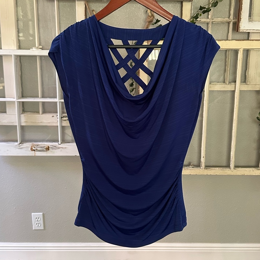 Blue drape neck blouse size M
